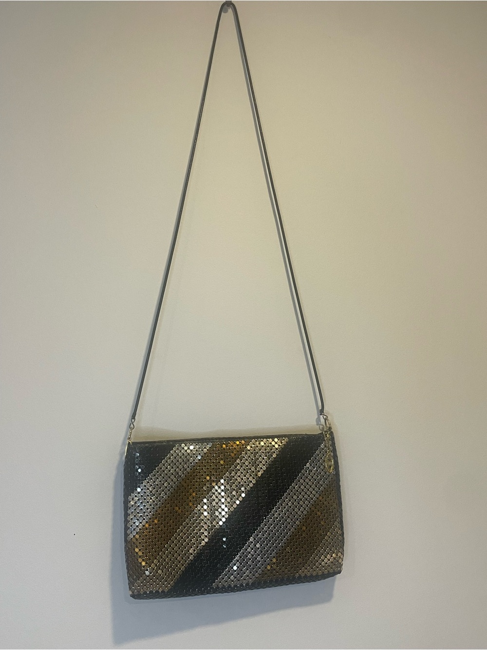 Vintage Sequined Stripe Crossbody Bag in Silver, Gold, and Black